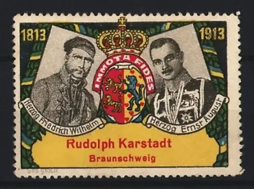 Reklamemarke Braunschweig, Rudolph Karstadt, Wappen mit Herzog Friedrich Wilhelm und Ernst August