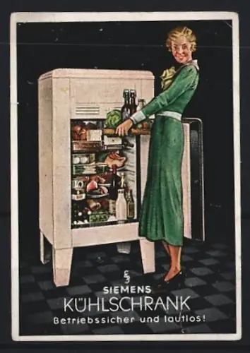 Reklamemarke Siemens, Kühlschrank, Frau vor Kühlschrank