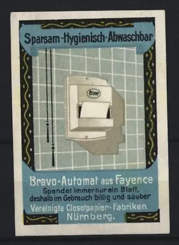 Reklamemarke Nürnberg, Bravo-Automat aus Fayence, Toilettenpapierhalter