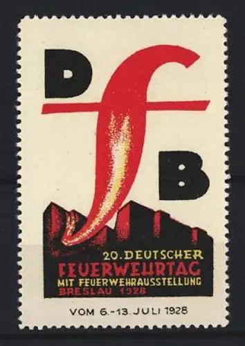 Reklamemarke Breslau, 20. Deutscher Feuerwehrtag 1928, Flamme und Ortsansicht