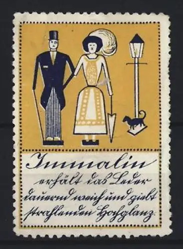 Reklamemarke Immalin, Lederputzmittel, Mann und Frau mit Hund und Laterne