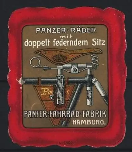 Reklamemarke Hamburg, Panzer-Räder mit doppelt federndem Sitz, Fahrradrahmen und Sattel