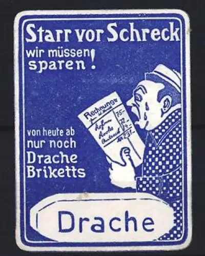 Reklamemarke Drache Briketts, Mann mit Rechnung