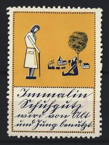 Reklamemarke Immalin, Schuhputz, Mann mit Krücke und Baum
