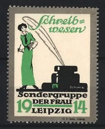 Künstler-Reklamemarke Schimz, Leipzig, Sondergruppe der Frau 1914, Schreibwesen
