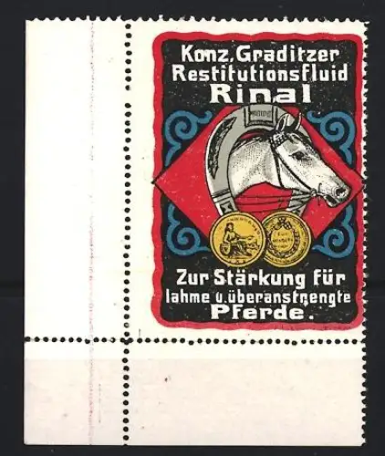 Reklamemarke Konz. Graditzer Restitutionsfluid Rinal, Pferd und Hufeisen