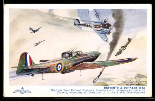 AK Flugzeug Boulton Paul Defiant Fighters, 2-seaters with power-operated Gun Turrets im Luftkampf
