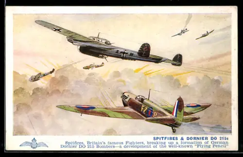 AK Britischer Jäger Supermarine Spirtfire greift deutschen Bomber Dornier Do-215 an