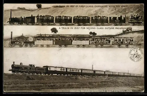 AK A train in 1837 of first class carriages with the mail, Special Anglo-American boat express, englische Eisenbahn