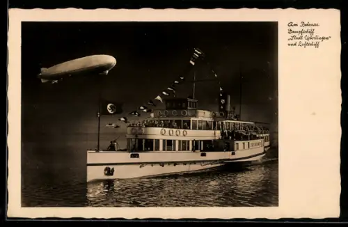 AK Zeppelin Luftschiff & Dampfer Stadt Ueberlingen auf dem Bodensee, 