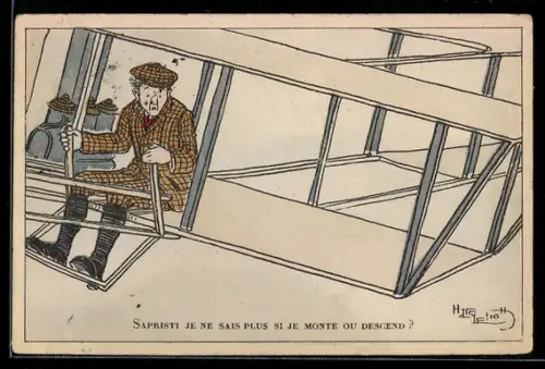 AK Mann in kariertem Anzug fliegt mit Doppeldecker-Flugzeug