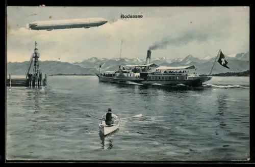 AK Zeppelin im Fluge über dem Bodensee, Schweizer Raddampfer Helvetia verlässt Hafen