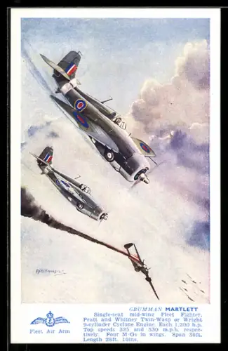 Künstler-AK Jagdflugzeuge Grumman Martlett im Kampf mit deutschem Messerschmitt-Zerstörer Me-110
