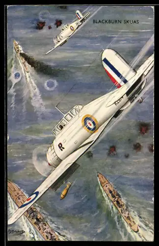 Künstler-AK Britische Sturzkampfbomber Blackburn Skua im Angriff auf Kriegsschiffe, Flugzeug