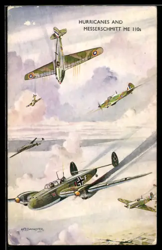 Künstler-AK Flugzeug Hurricanes & Messerschmitt Me 110 im Luftkampf