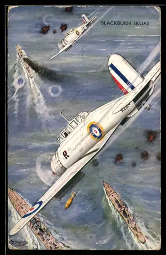 Künstler-AK Britische Sturzkampfbomber Blackburn Skua im Angriff auf Kriegsschiffe, Flugzeug