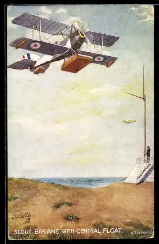 Künstler-AK Britisches Aufklärungsflugzeug mit Zentral-Schwimmer, Wasserflugzeug