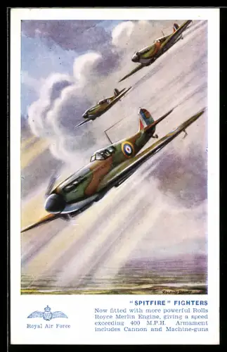 Künstler-AK Britische Jagdflugzeuge Supermarine Spitfire im Rottenflug