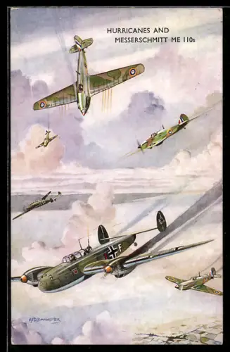 Künstler-AK Flugzeug Hurricanes & Messerschmitt Me 110 im Luftkampf