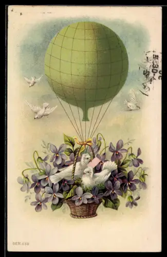 AK Gage d`Amitié Ballon mit Schwalben und Veilchen