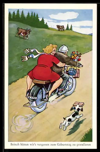 AK Mann und Frau auf Motorrad bringen Geburtstagsgeschenke