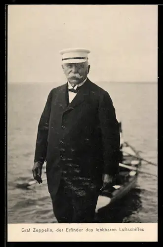 AK Graf Zeppelin, der Erfinder des lenkbaren Luftschiffes in Anzug mit weisser Mütze