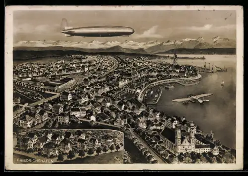 AK Friedrichshafen, Zeppelin im Fluge über der Stadt