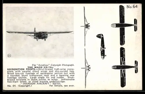AK Transportflugzeug /Lastensegler Waco CG-13a, Dreiseiten-Ansicht