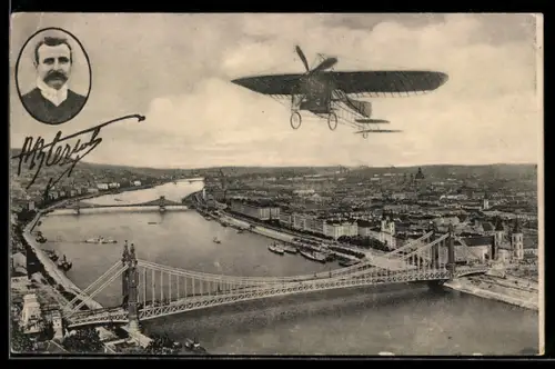 AK Pilot Bleriot im Flugzeug über einer Stadt