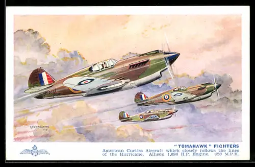 Künstler-AK Jagdflugzeuge Curtiss Tomahawk im Rottenflug