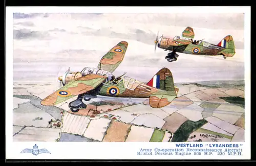 Künstler-AK Britische Aufklärungsflugzeuge Westland Lysander
