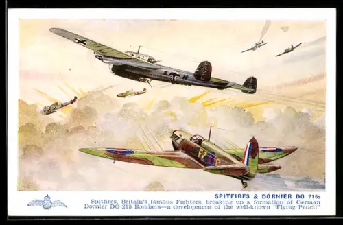 Künstler-AK Jagdflugzeug Supermarine Spitfire im Angriff auf deutschen Bomber Dornier Do-215