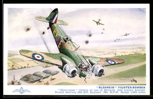 Künstler-AK Flugzeug Blenheim Fighter-Bomber im Feuer