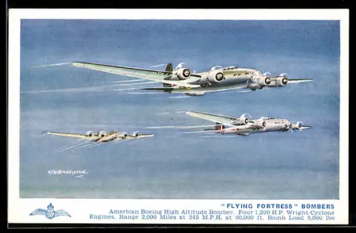 Künstler-AK Bomberflugzeuge Boeing Flying Fortress im Verbandsflug