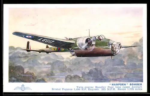 Künstler-AK Britischer Bomber Handley Page Hampden im Fluge, Flugzeug
