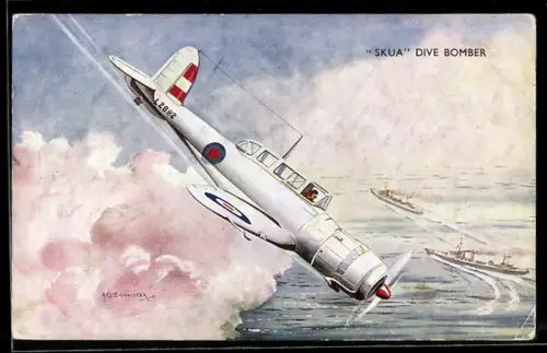 Künstler-AK Flugzeug Skua Dive Bomber und Kriegsschiffe