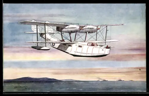 Künstler-AK Wasserflugzeug Vickers-Supermarine mit Kennung K7189 über See