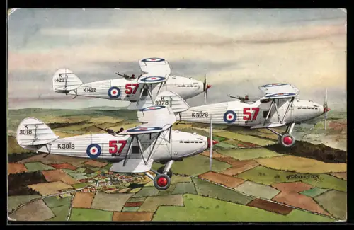 Künstler-AK Britische Tagbomber Hawker Hart im Rottenflug