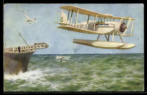 Künstler-AK D. H. Seaplane launched from a catapult on board ship, Wasserflugzeug in der Luft
