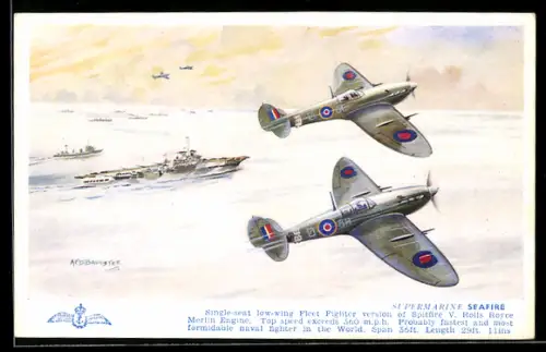Künstler-AK Royal Navy Jagdflugzeuge Supermarine Seafire als Luftsicherung für Flugzeugträger