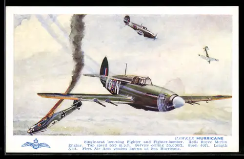 AK Britische Jagdflugzeuge Hawker Hurricane im Kampf mit deutschen Jägern Messerschmitt Me-109