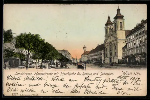 AK Wien, Landstrasse, Hauptstrasse mit Pfarrkirche St. Rochus und Sebastian