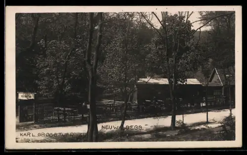 AK Neuwaldegg, Karl Grossauer, Waldpartie mit Gebäude und Zaun