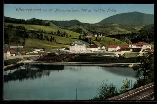 AK Wienerbruck an der Mariazellerbahn, Ort mit See und Bergpanorama