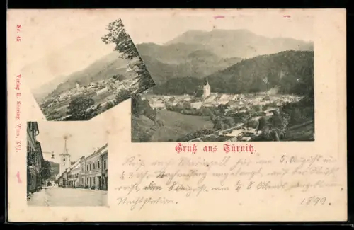 AK Türnitz, Panorama mit Kirche und Ortsstrasse