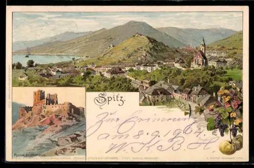 Lithographie Spitz, Panorama mit Kirche und Ruine Hinterhaus