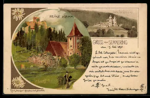 Lithographie Semmering, Ruine Klamm, Kirche Maria Schutz
