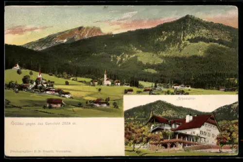 AK Gosau, Panorama gegen das Gamsfeld, Gasthaus Brandwirt