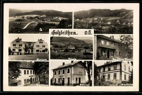AK St. Marienkirchen bei Schärding, Holzleithen, Panorama, Konsum, Bahnhof
