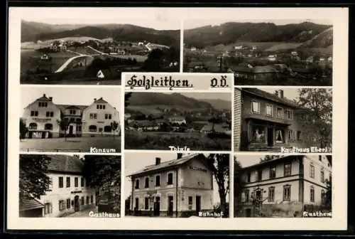 AK St. Marienkirchen bei Schärding, Holzleithen, Konsum, Gasthaus, Kaufhaus Eberl, Bahnhof